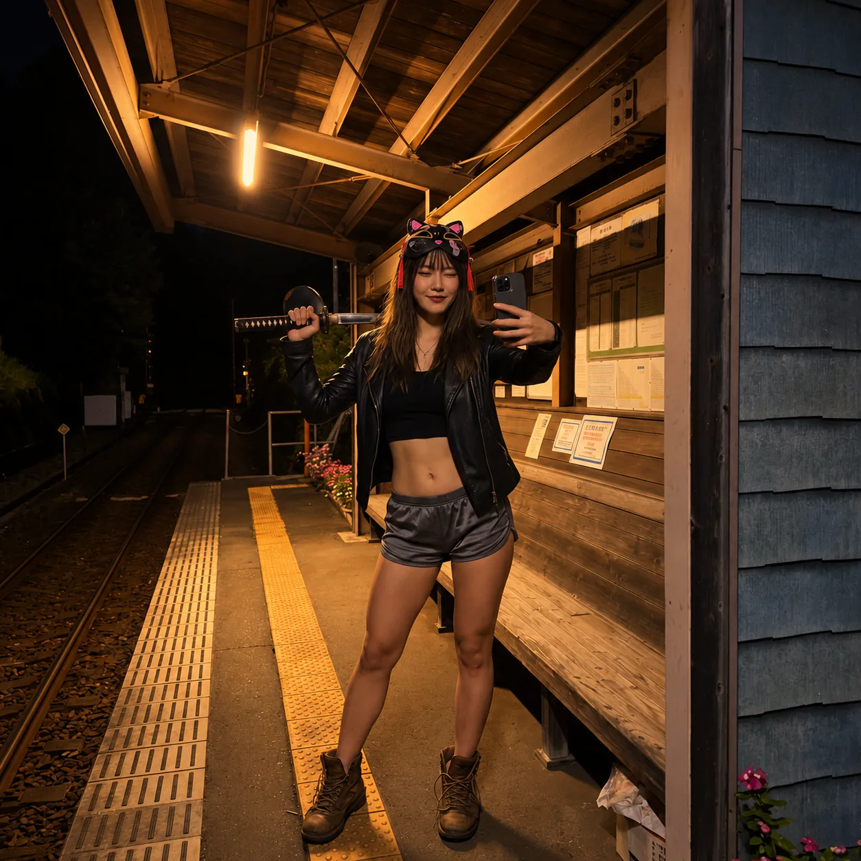 A woman in a black leather jacket, satin shorts, and leather boots takes a selfie on the dark Nabera Station platform, holding a katana over one shoulder beneath a fluorescent light.