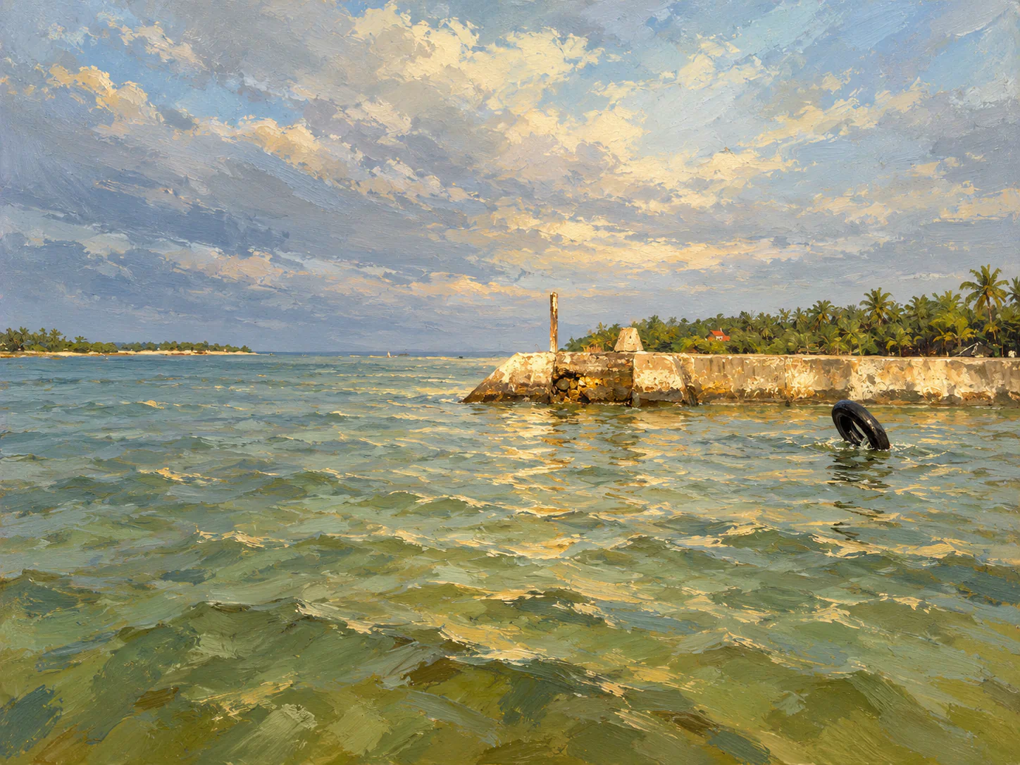 AI-generated impressionist reinterpretation of the coastal photograph, preserving the concrete jetty and shoreline while transforming the sky, water, reflections, and waves into broad painterly brushwork.