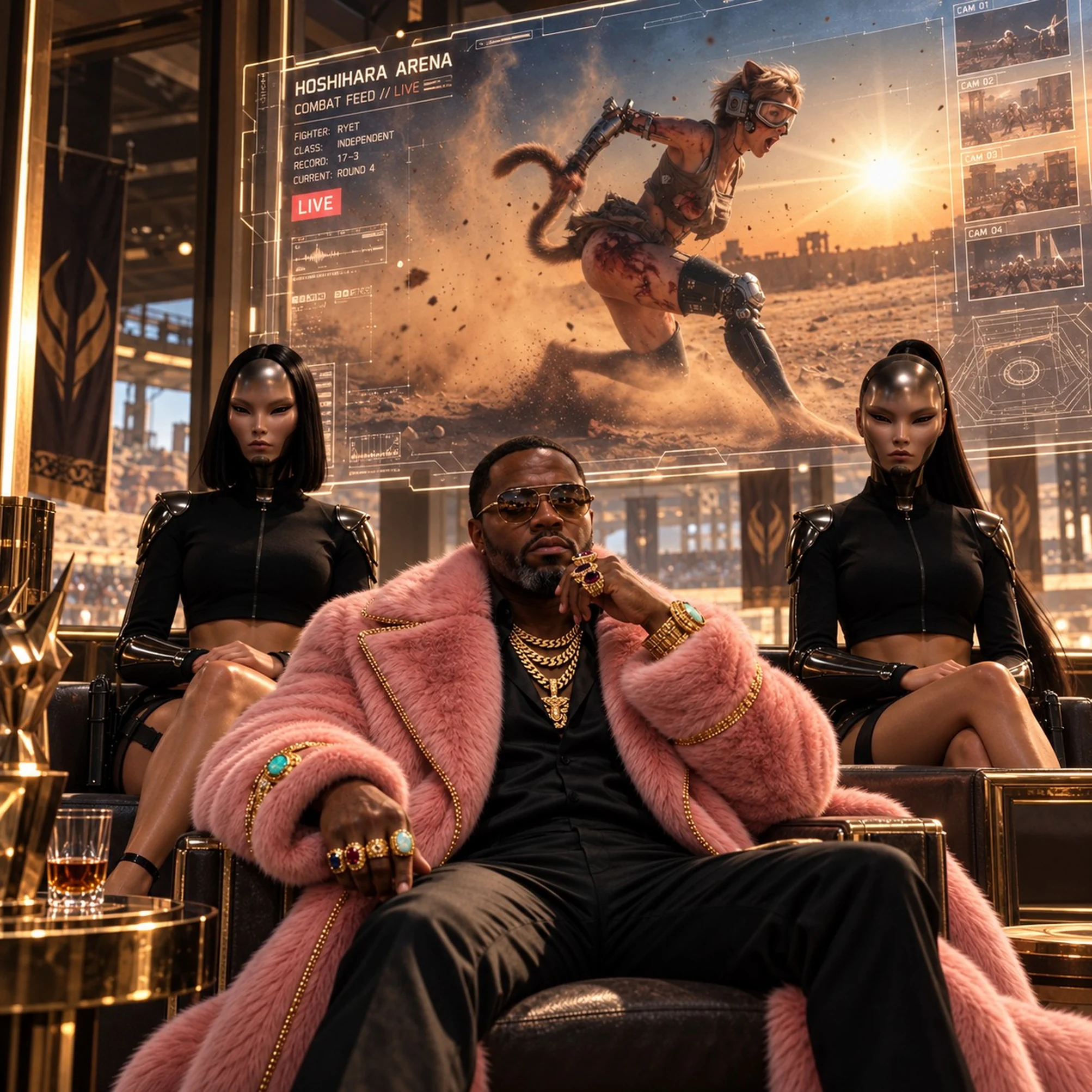 Eikken Pójsiedysz sits in the Hoshihara Crucible's luxurious owner's box, wearing his signature pink fur coat, gold jewelry, and sunglasses. His gynoid bodyguards, Reika and Shion, sit behind him on opposite sides. Above them, a large transparent holographic display shows a live drone feed of Ryet charging across the dusty Tailbreakers arena, with combat telemetry and camera feeds surrounding the action.
