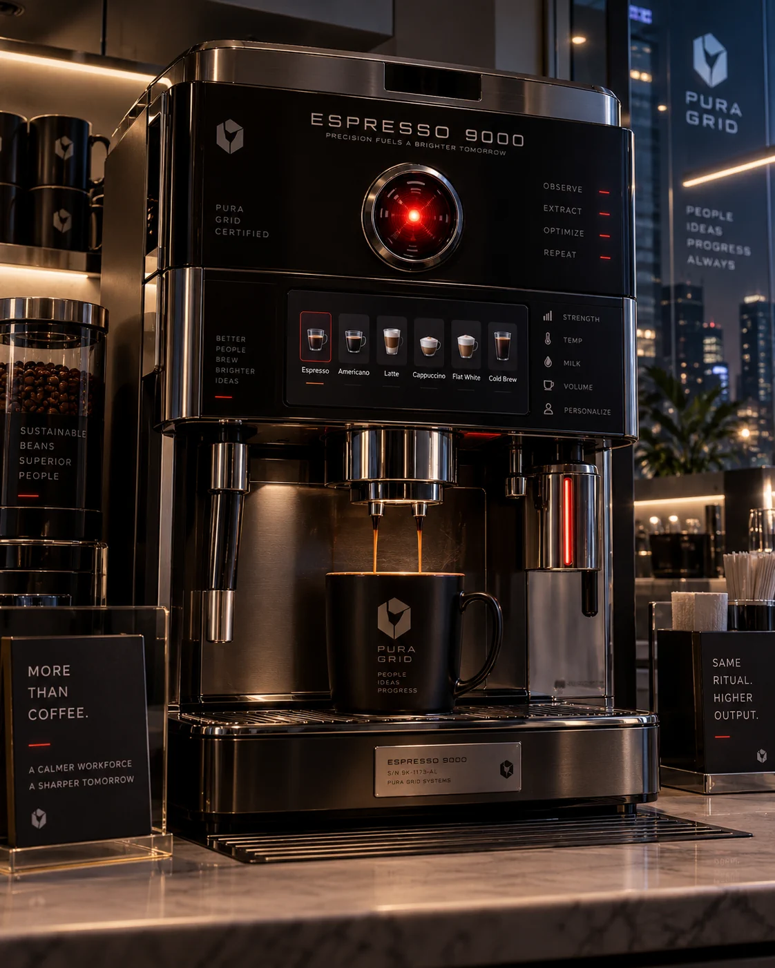The Espresso 9000, a futuristic black-and-stainless-steel corporate coffee machine with a glowing red optical sensor, touchscreen beverage controls, and twin coffee spouts dispensing espresso into a black mug. The machine stands in an upscale, dimly lit Pura Grid office pantry.