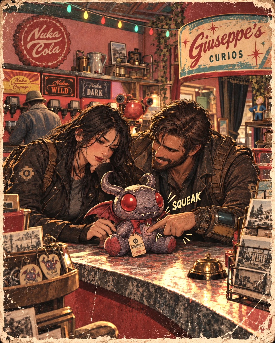 Vintage-style illustration of Sable and Ravyn at Giuseppe’s Curios in the Whitespring Refuge, leaning over a squeaking Jersey Devil plushie on the counter; Sable looks torn between annoyance and affection while Ravyn grins and points at it.