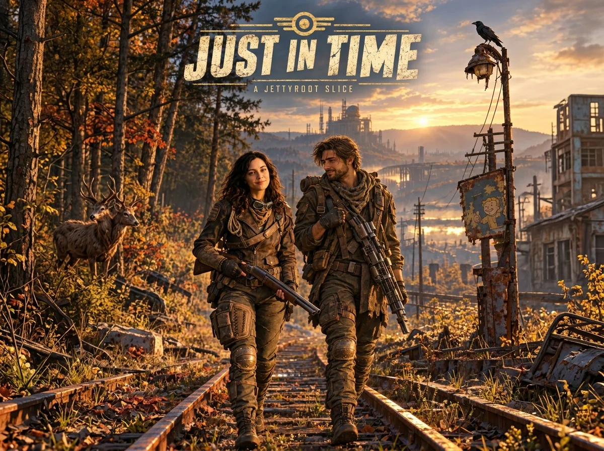 Sable and Ravyn walking along railroad tracks at sunset in post-apocalyptic Appalachia, with a radstag in the forest and Foundation in the distance.