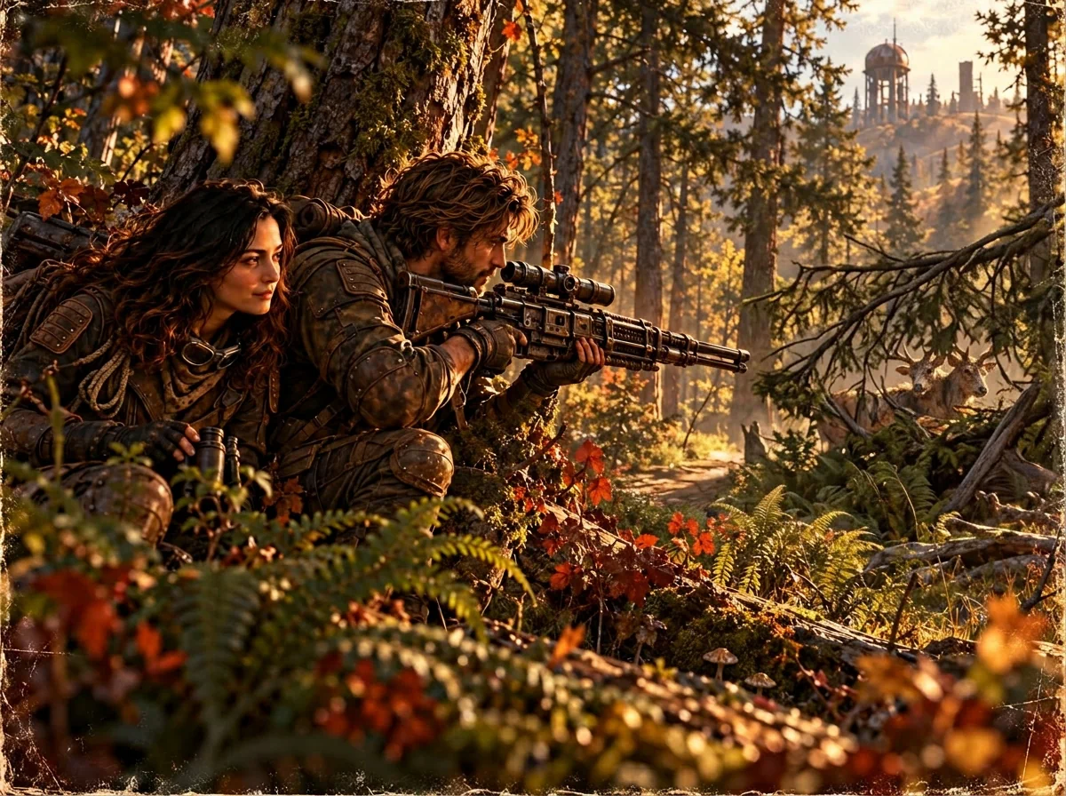 Sable and Ravyn stalking a radstag in post-apocalyptic Appalachia, in the forest.