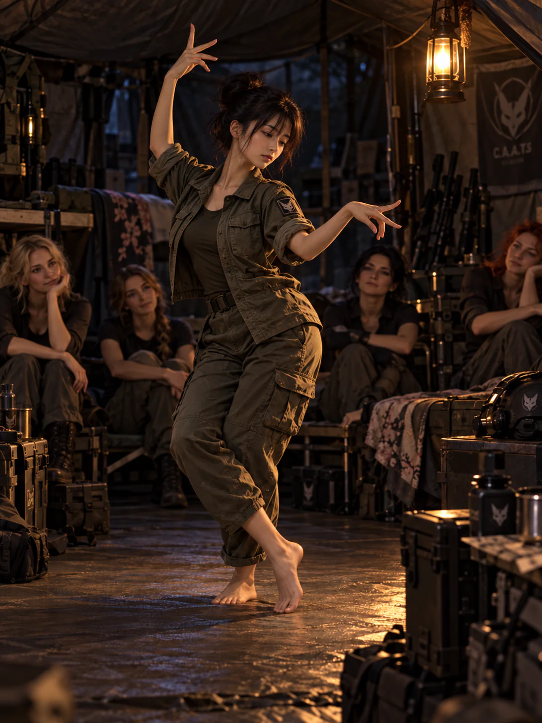 Miyaka Kusugi performs a quiet Awa Odori dance barefoot beneath a lantern inside a dim C.A.A.T. field barracks, while her squad watches from the shadows.