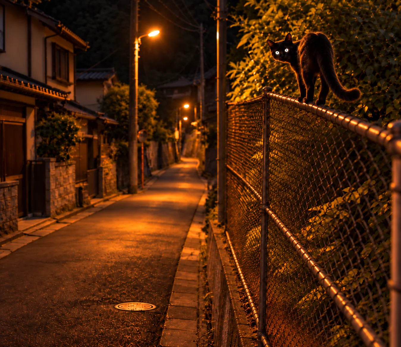 A black cat balances on the top rail of a chain-link fence along a quiet Japanese residential street at night, its body facing away while its head twists back toward the viewer with bright reflective eyes and an unnaturally stiff posture. Warm amber streetlights illuminate shuttered houses, utility poles, and the empty road, creating a calm but subtly eerie, dreamlike atmosphere.