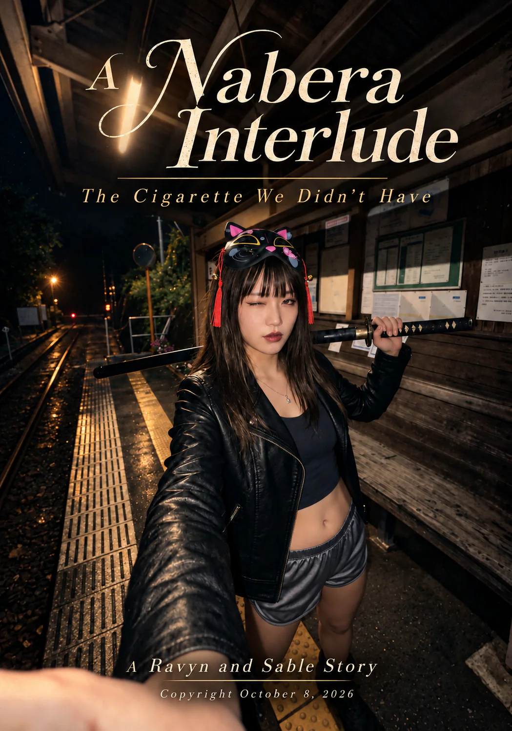 Sure babe: Alt text: Sayaka stands on the wet platform at Nabera Station at night, wearing a black leather jacket and cat mask while holding a katana across her shoulder. Warm amber station light reflects off the platform and rails. The cover reads A Nabera Interlude: The Cigarette We Didn’t Have, with “A Ravyn and Sable Story” and “Copyright October 8, 2026” at the bottom.