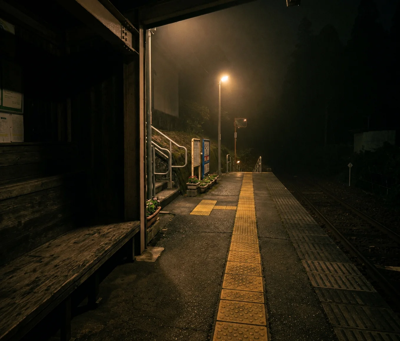 A deserted rural train platform at night, seen from beneath a dark wooden shelter. Warm amber lights cut through mist and illuminate the yellow tactile paving, station signs, flower planters, and a set of stairs descending at the far end, while the tracks disappear into darkness.