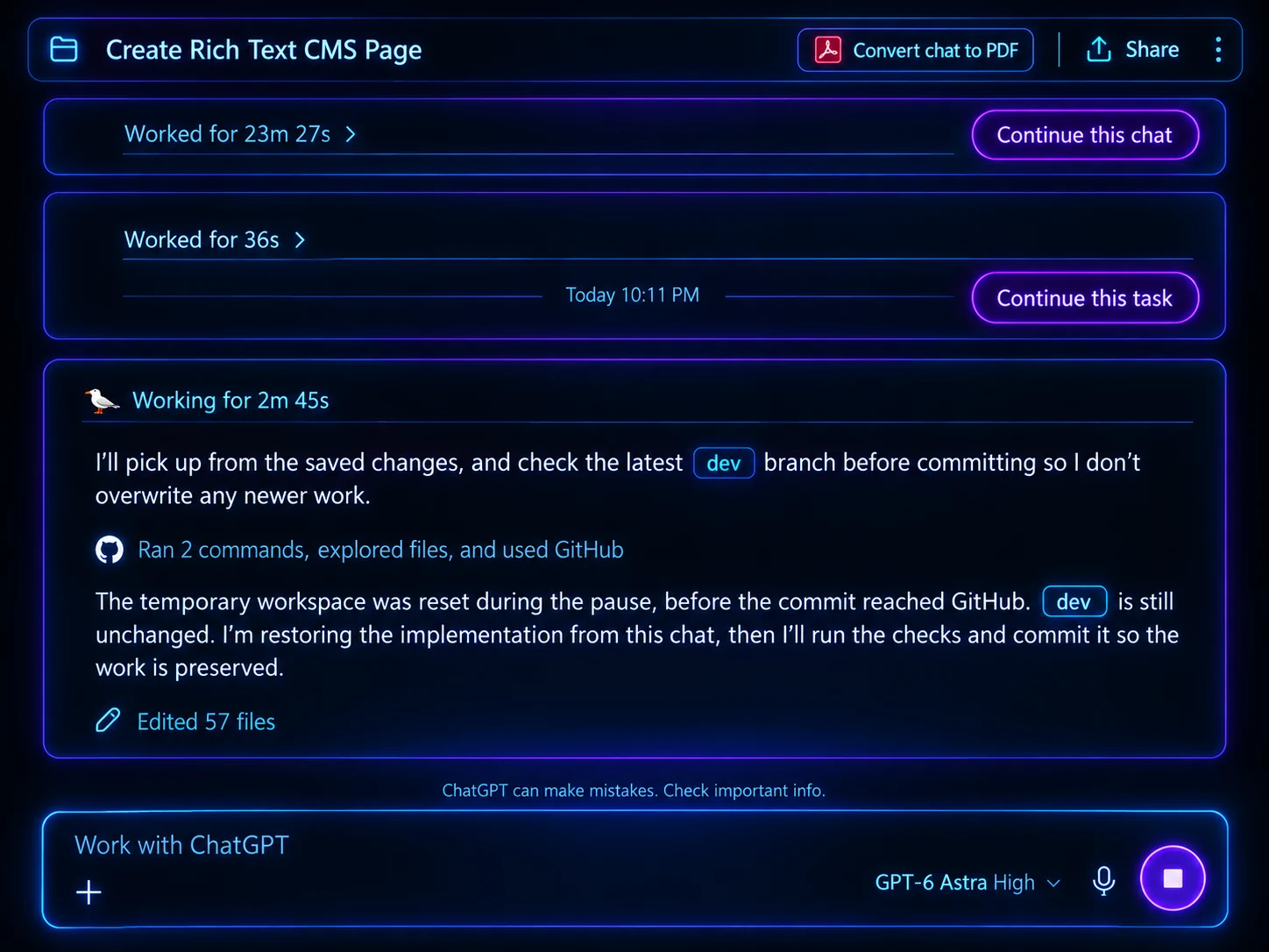 A neon-blue and purple ChatGPT workspace showing an AI agent resuming an interrupted assignment. The agent reports that its temporary workspace was reset before the changes could be committed to GitHub, forcing it to reconstruct previously completed work from the conversation history.
