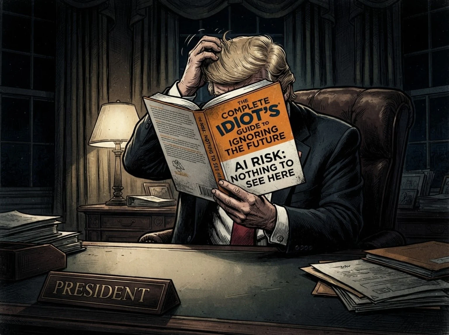 Satirical illustration of a president at his desk reading an oversized book titled “The Complete Idiot’s Guide to Ignoring the Future: AI Risk — Nothing to See Here.”