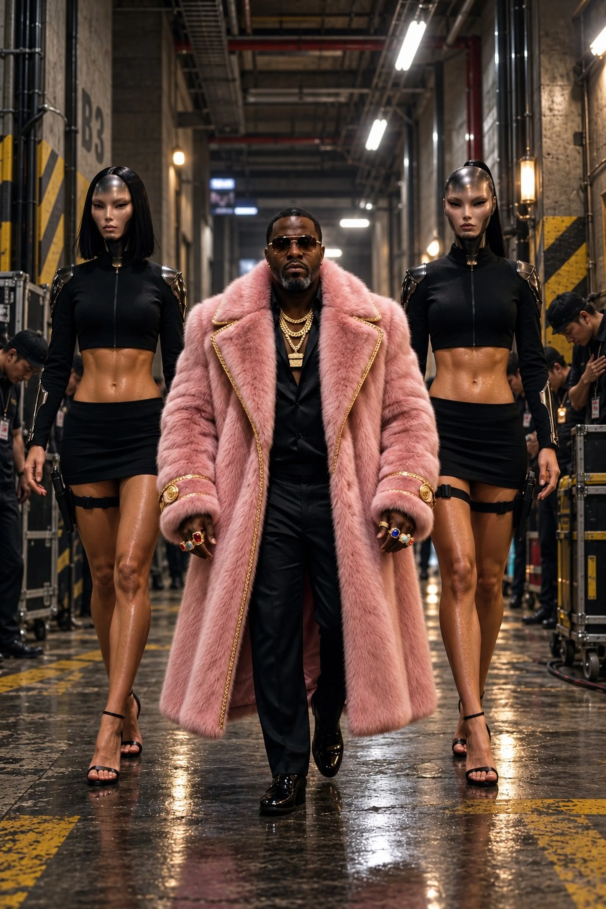 Eikken Pójsiedysz walks through the gritty industrial service corridor of the Hoshihara Crucible, wearing a luxurious pink fur coat, heavy gold chains, and gemstone rings. Behind him, his towering gynoid bodyguards, Reika and Shion, wear sleek black outfits with chrome accents and heeled sandals. Maintenance workers greet the trio respectfully amid equipment carts, exposed pipes, and worn concrete walls.