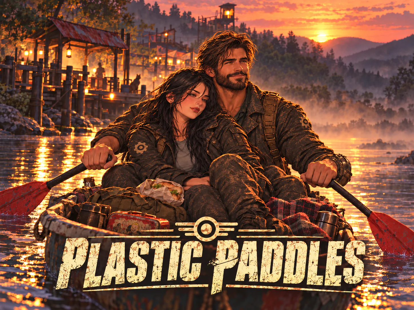 A couple in weathered wasteland clothing share a quiet rowboat ride at sunset, drifting past the warmly lit Jettyroot settlement as mist gathers over the river.