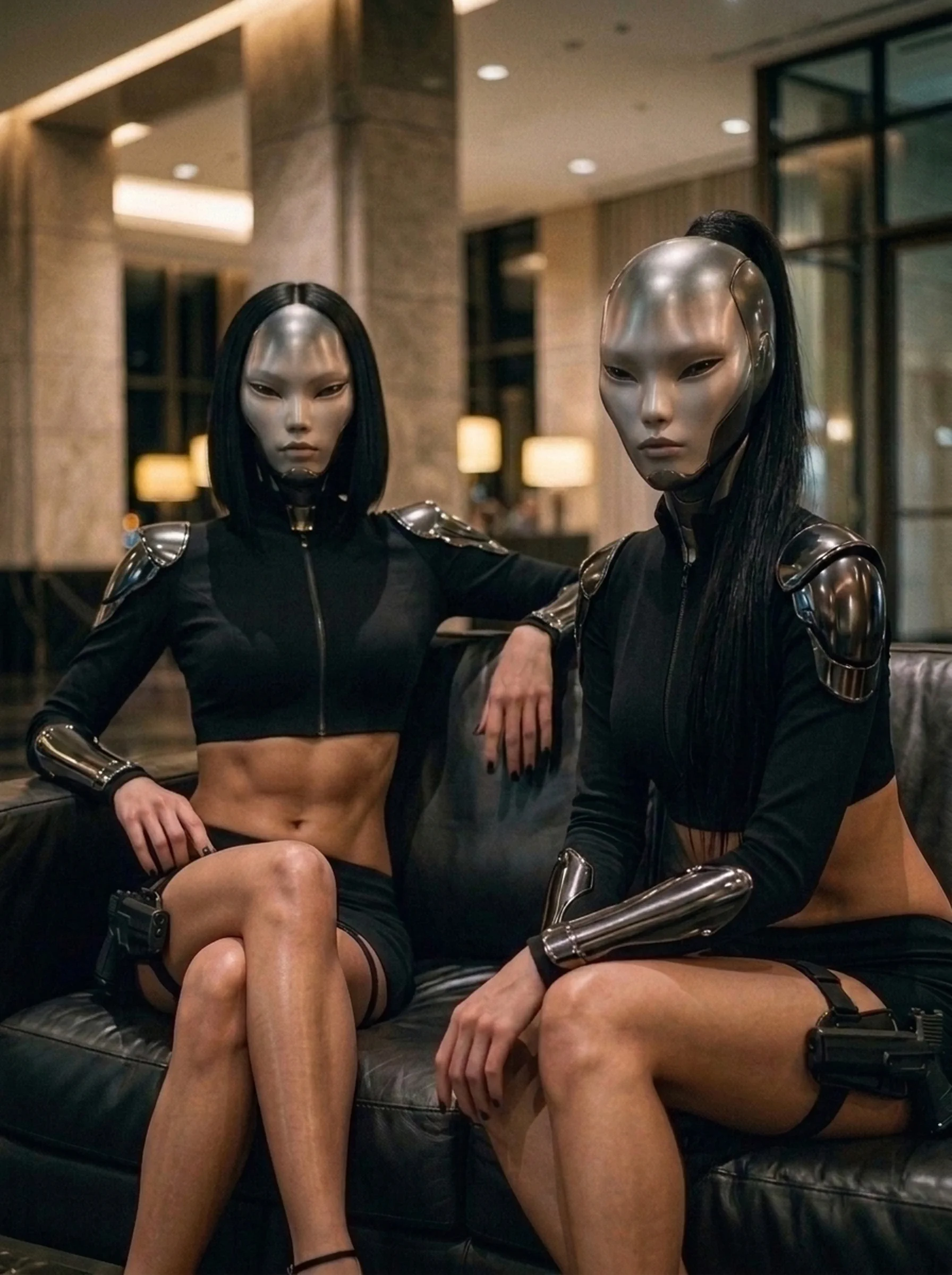 Reika and Shion, Eikken Pójsiedysz's bespoke gynoid bodyguards, sit on a black leather sofa in a luxurious, warmly lit lobby. Reika, with a sleek black bob, sits cross-legged with one arm resting along the sofa, while Shion, with a long black ponytail, leans forward slightly. Both wear fitted black crop tops, short skirts, chrome shoulder and forearm components, and thigh-holstered pistols. Their smooth metallic faces and narrow, watchful eyes contrast with their remarkably lifelike synthetic skin.