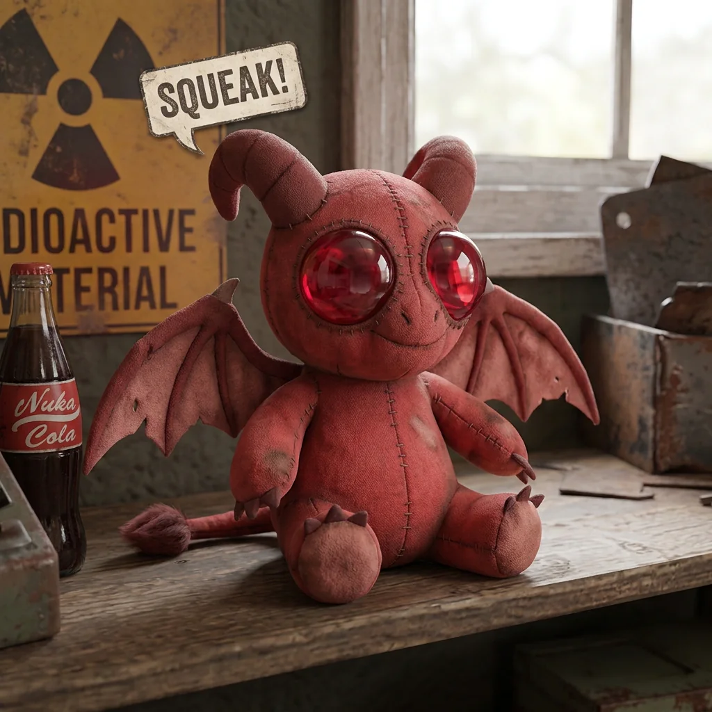 A Jersey Devil plushie with large ruby eyes, sitting on a counter next to a Nuka Cola and a radioactive material sign.