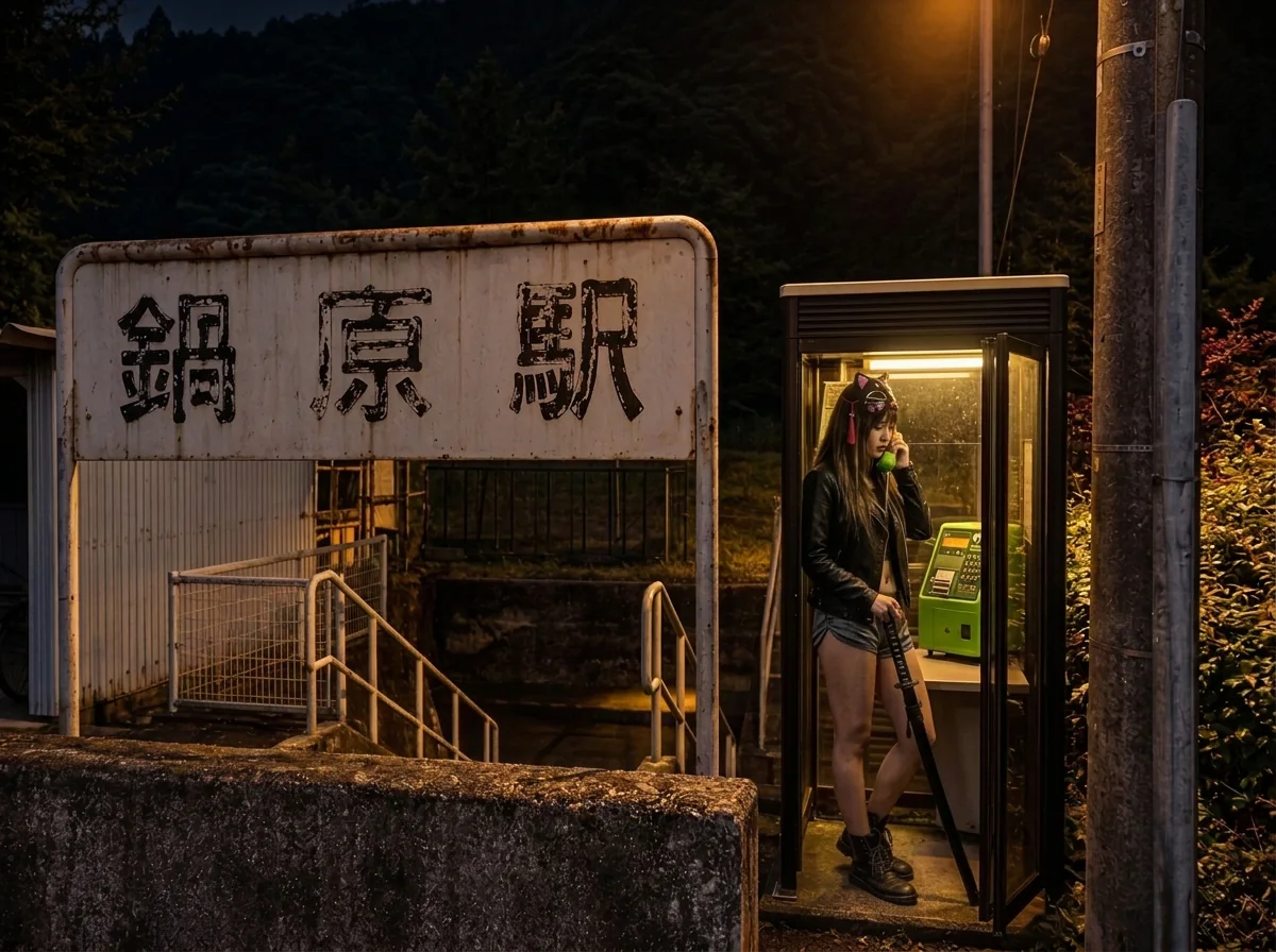 Sayaka-san stands inside a glass phone booth at Nabera Station at night, holding a green telephone receiver to her ear with a katana resting beside her. A weathered 鍋原駅 sign and descending concrete stairs sit nearby, lit by warm amber light against the dark wooded hillside.