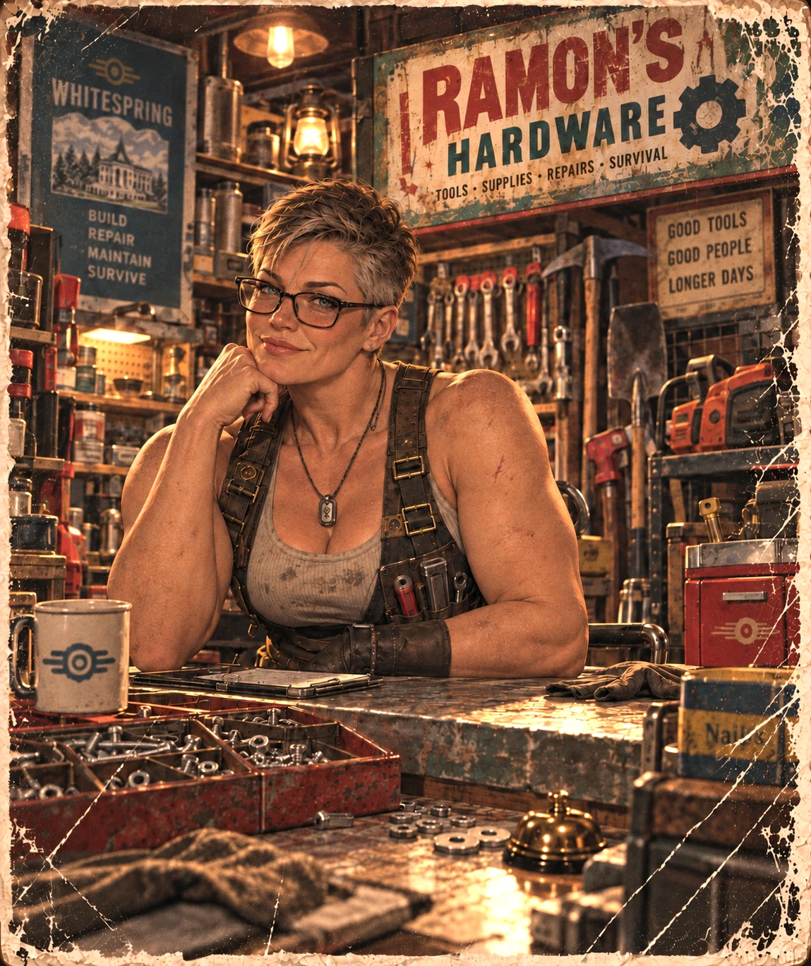 Vintage-style illustration of Ramon, a muscular, mature tomboy shopkeeper with short cropped hair and glasses, leaning behind the counter at Ramon’s Hardware in the Whitespring Refuge, surrounded by tools, hardware supplies, trays of screws and washers, and rugged shop equipment.