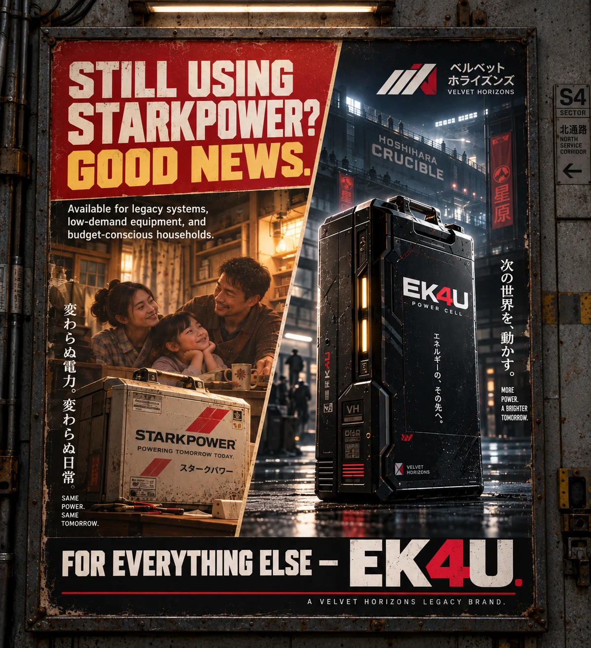 A retro-futuristic advertisement poster mounted on a worn industrial wall in Hoshihara, split into two contrasting panels. On the left, a family sits warmly around an older white StarkPower battery unit in a cozy home setting beneath the bold headline, “STILL USING STARKPOWER? GOOD NEWS.” On the right, a sleek black EK4U power cell stands in a rain-slick urban scene outside the Hoshihara Crucible, branded with Velvet Horizons styling and Japanese text. A large slogan across the bottom reads, “FOR EVERYTHING ELSE – EK4U.”