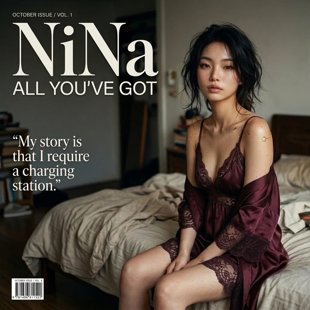 Magazine cover featuring NiNa, a lifelike female android with tousled black hair, seated on an unmade bed in burgundy satin and lace. Subtle golden cybernetic details adorn her shoulder. The cover reads “ALL YOU’VE GOT” and features her quote: “My story is that I require a charging station.”