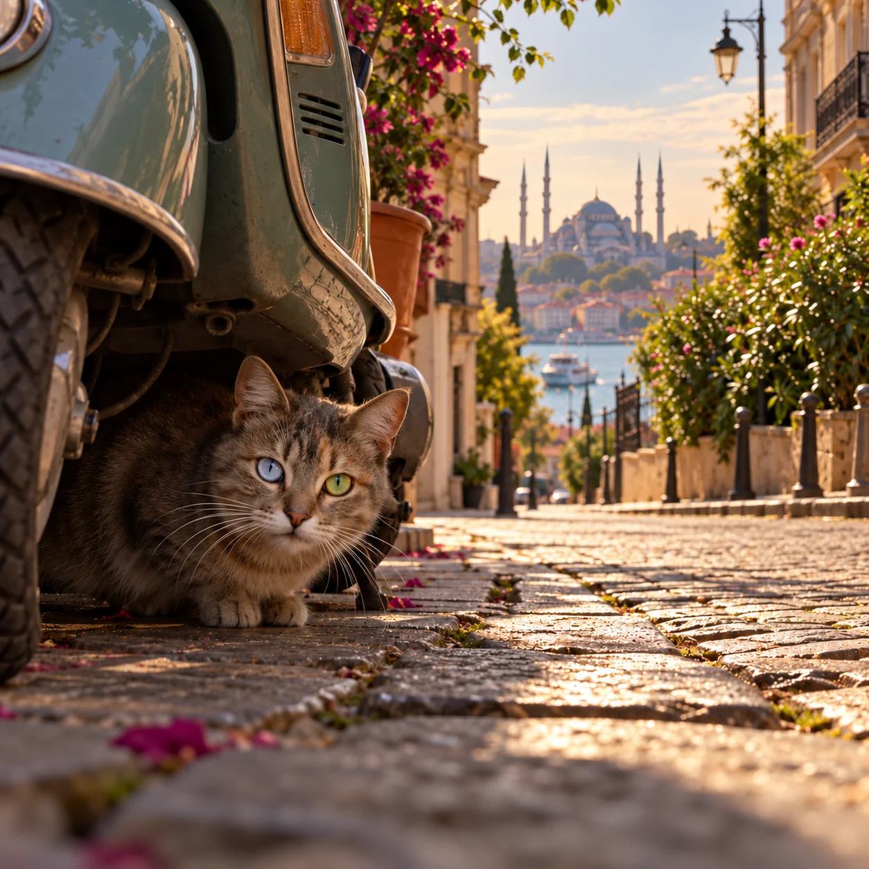 A gray-brown tabby cat with mismatched eyes—one pale blue, the other greenish-gold—crouches beneath a parked vintage Vespa on a sunlit cobblestone street in Istanbul. Flowering shrubs line the opposite side of the street, while the Bosphorus and a distant mosque with four symmetrical minarets rise in the warm morning haze.