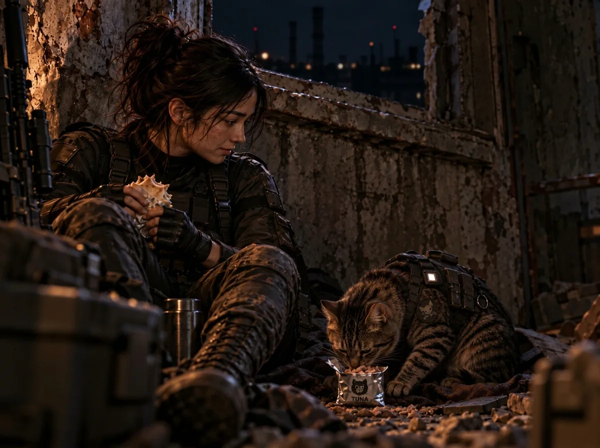 Tanya and K'hraal eating inside a dank abandoned office room beside a broken window.