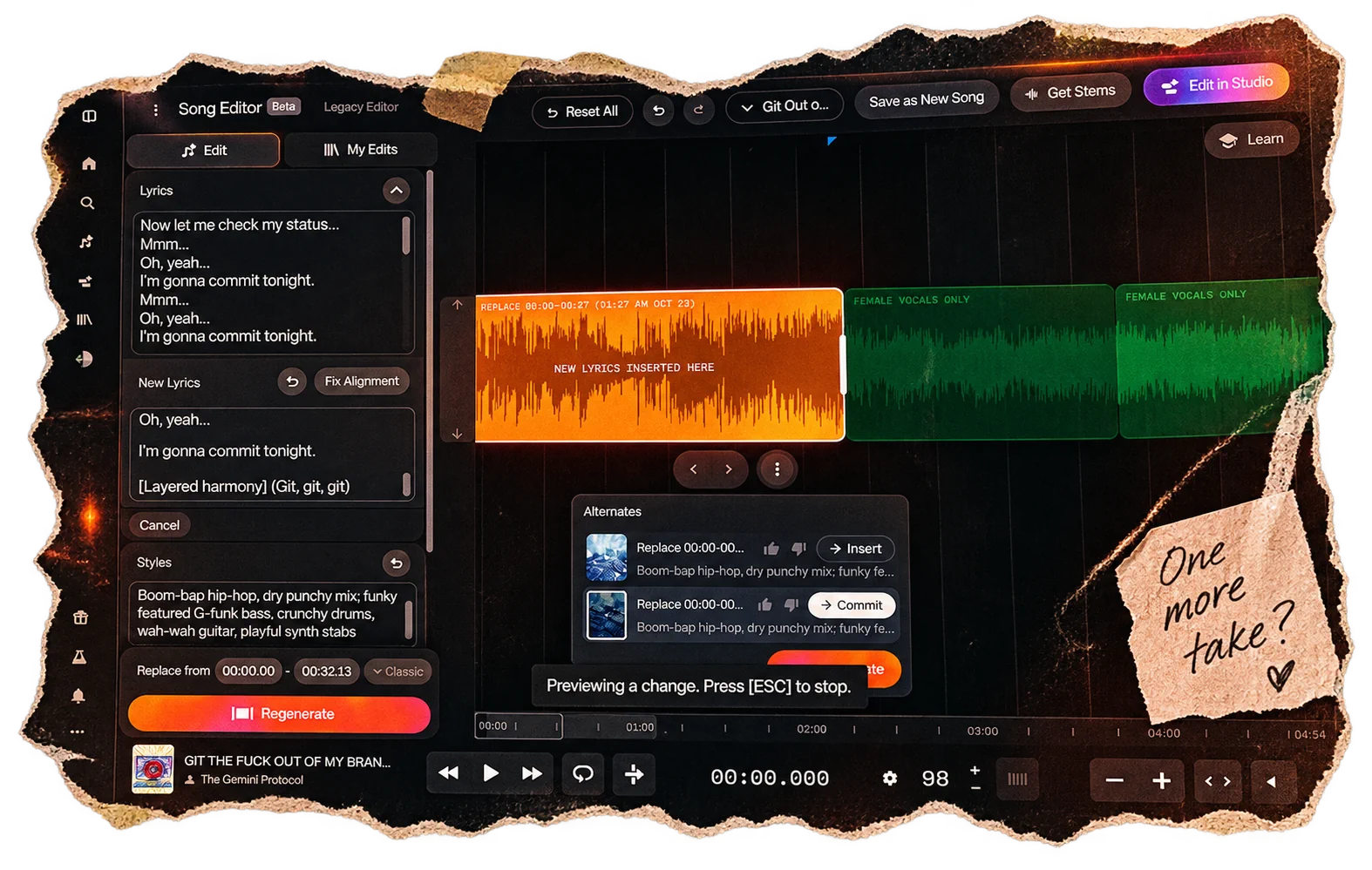 A stylized screenshot of Suno’s Song Editor framed by rough, torn-paper edges against a transparent background. The dark interface shows an orange highlighted audio replacement, green waveform sections, lyric editing controls, and multiple generated alternatives. A prominent “Regenerate” button sits near the bottom, while a handwritten note on torn paper reads “One more take?”—illustrating the frustrating cycle of repeatedly refining AI-generated music.