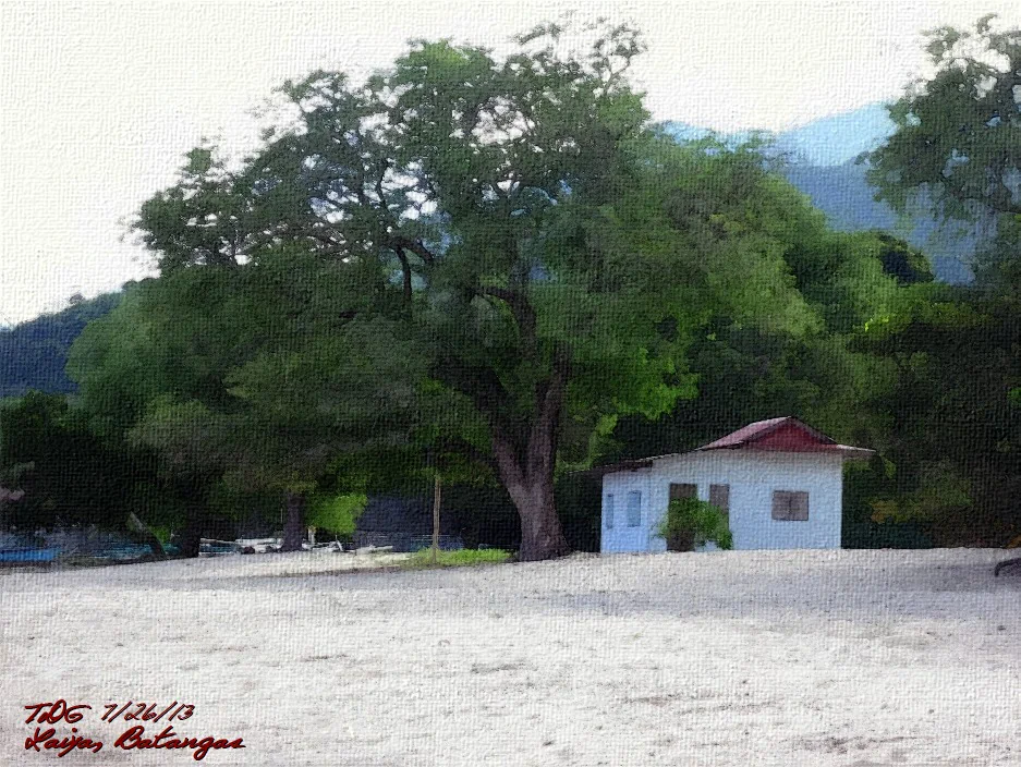 A FotoSketcher-treated landscape photograph from Laiya, Batangas, showing a large tree beside a small white building, with green hills and mountains in the background, rendered with a soft canvas-like painted texture.