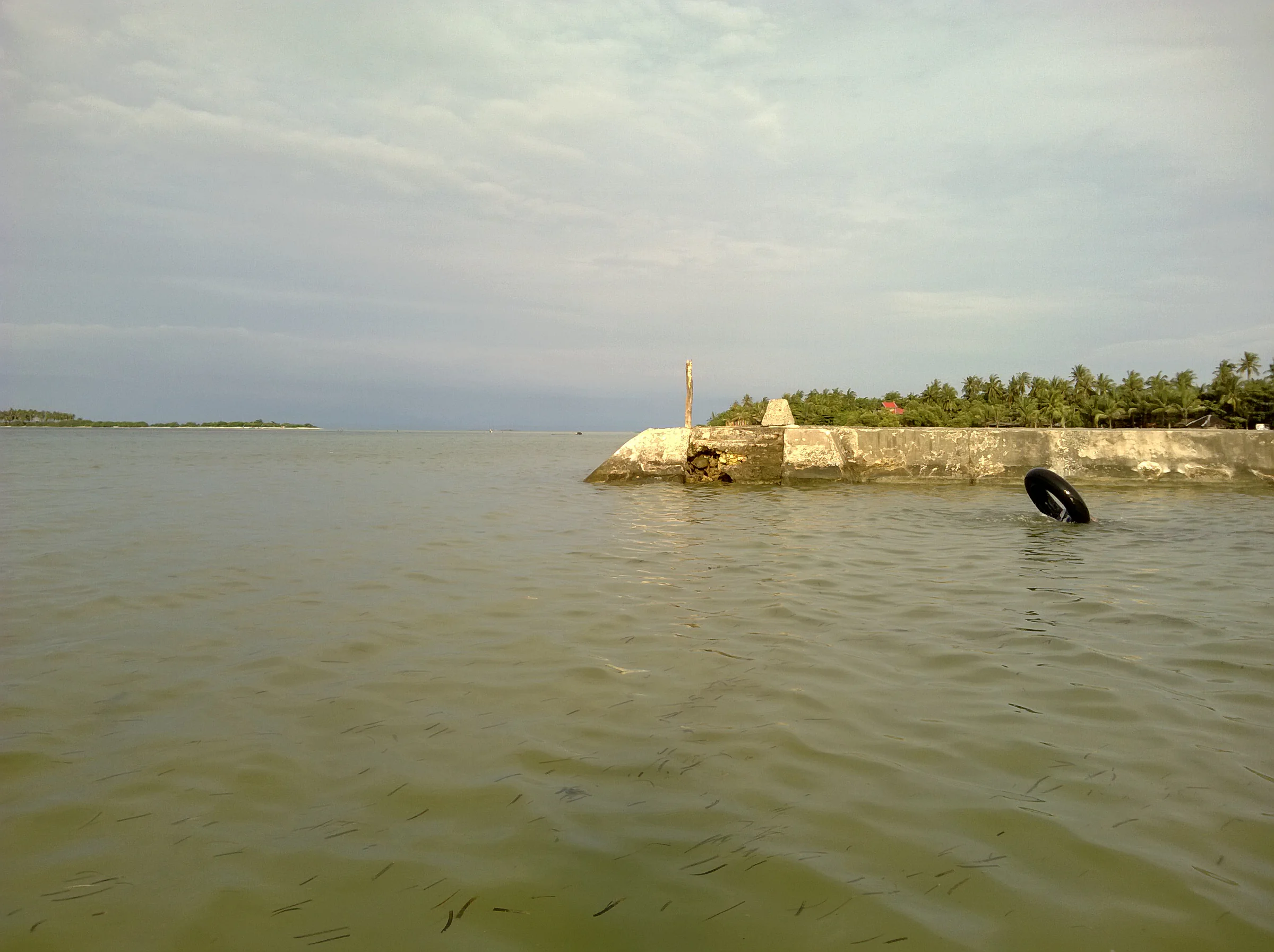 Original photograph of a calm tropical shoreline with a concrete jetty extending into the water, palm trees in the distance, and a dark tire rising from the shallows beneath an overcast sky.