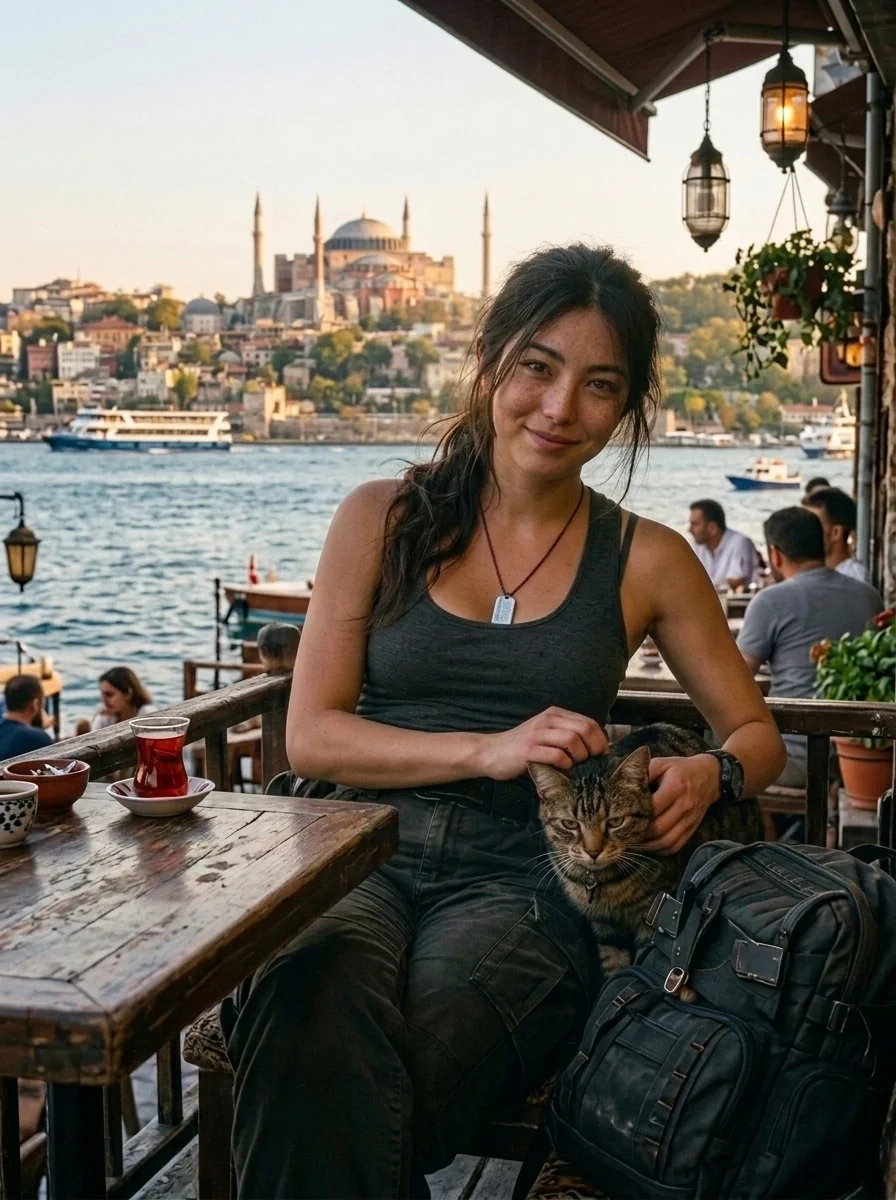 Tanya D'Gaul sits at a waterfront café in Istanbul, gently petting K'hraal, her brown tabby cat, with a glass of Turkish tea beside her and Hagia Sophia visible across the water.