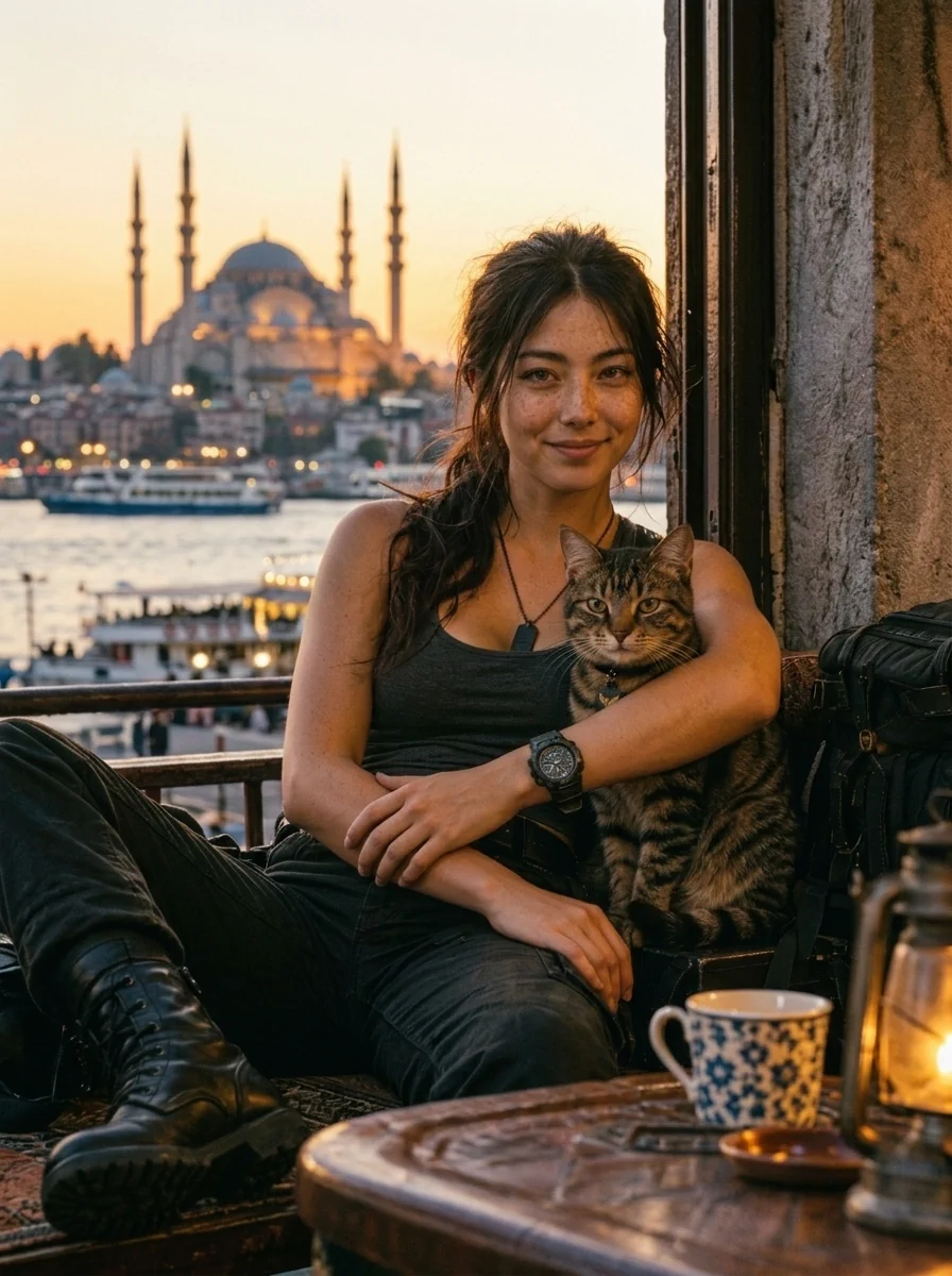 Tanya D'Gaul relaxes at a waterfront café in Istanbul at sunset, her arm wrapped around K'hraal, her brown tabby cat. A cup of tea rests on the table, with ferries and the city's domes and minarets in the background.
