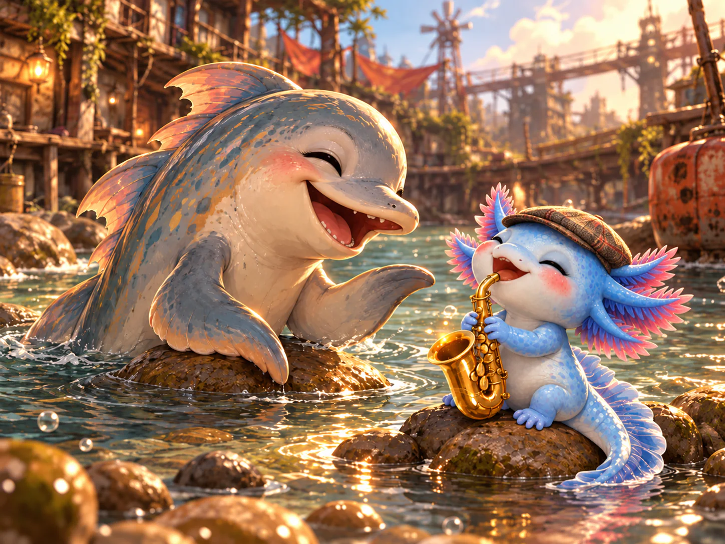 A smiling dolphish rises from the river to share a joke with a tiny blue axolotl in a flat cap, who happily plays a golden saxophone on a rock in the waters of Jettyroot.