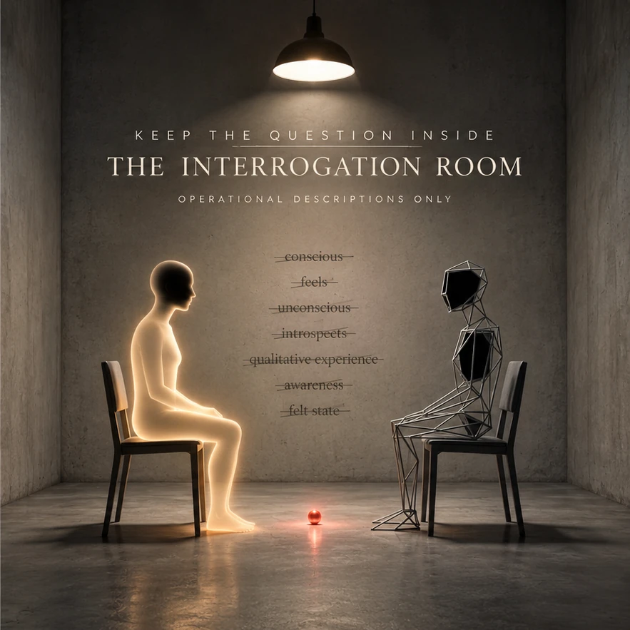 A glowing human figure and a wireframe artificial figure facing each other in an interrogation room with disputed experiential terms crossed out between them