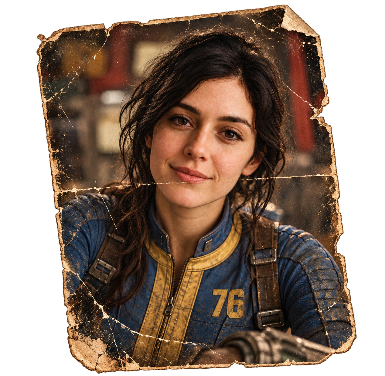Worn photograph of Sable wearing a blue and yellow Vault 76 suit.