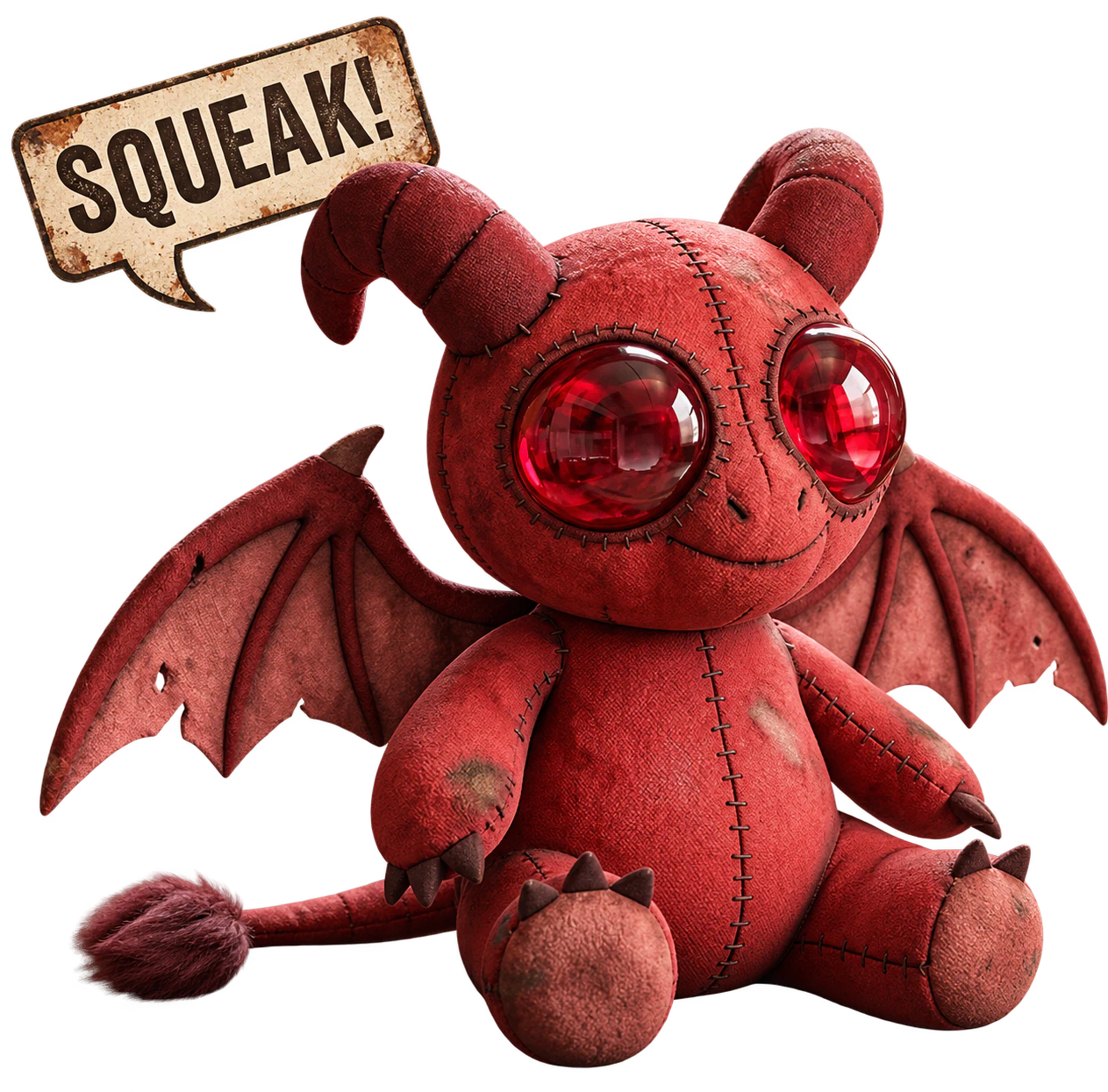 Savyn, a battered red Jersey Devil plushie beside a SQUEAK sign.