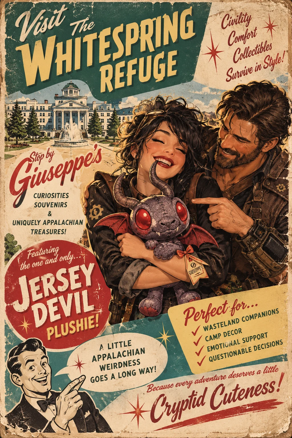 Vintage Whitespring Refuge advertisement featuring Tony, Sable, and a Jersey Devil plushie.
