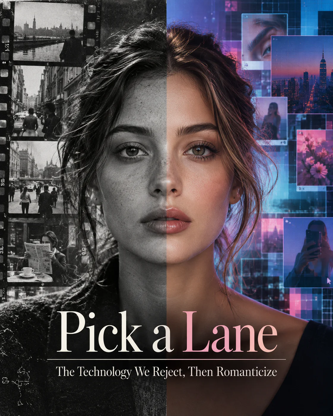 Split portrait of a woman contrasting classic black-and-white film photography with a polished digital future of neon color, screens, and image editing, illustrating the divide between old and new creative technologies.