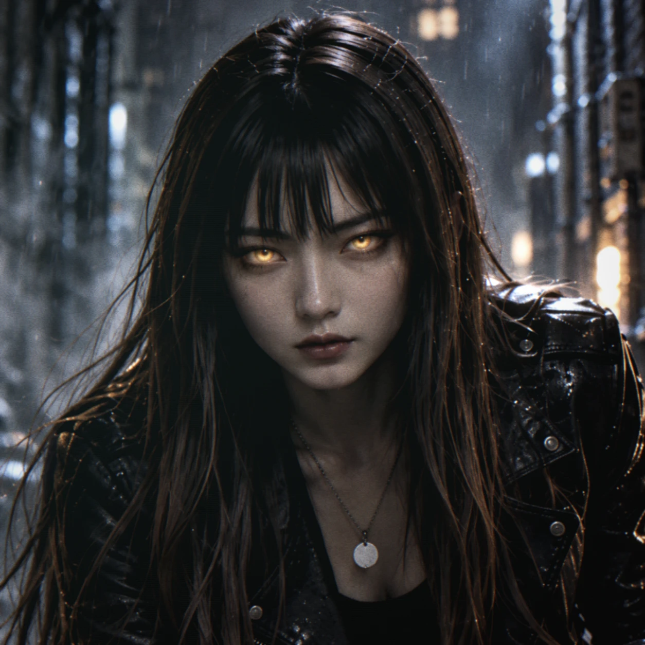 Sayaka crouches in a rain-soaked alley, her amber Specimen 9 eyes reflecting the light.