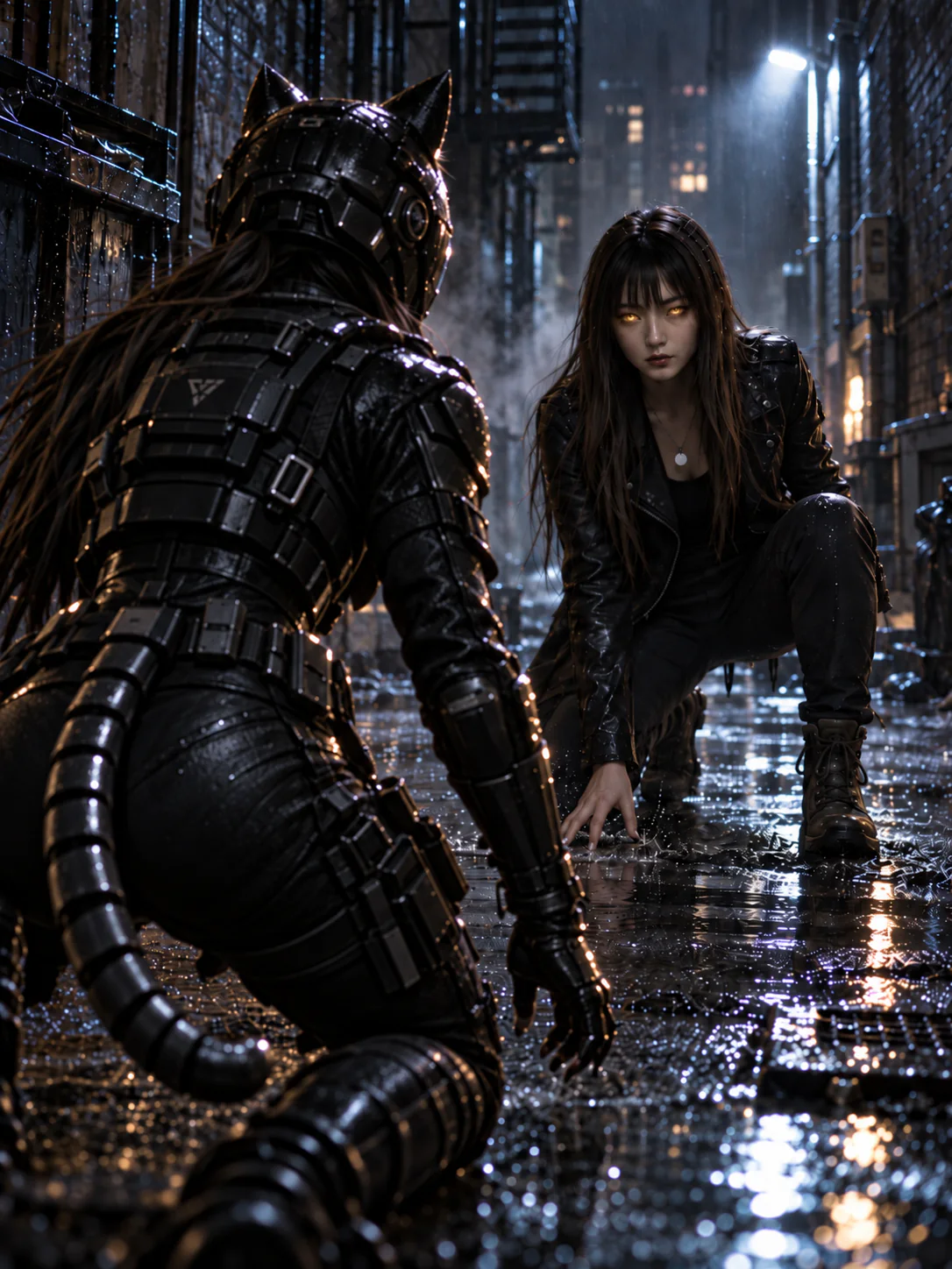 Sayaka lands in a rain-soaked alley as a C.A.A.T. operative turns to face her, both with reflective amber Specimen 9 eyes.