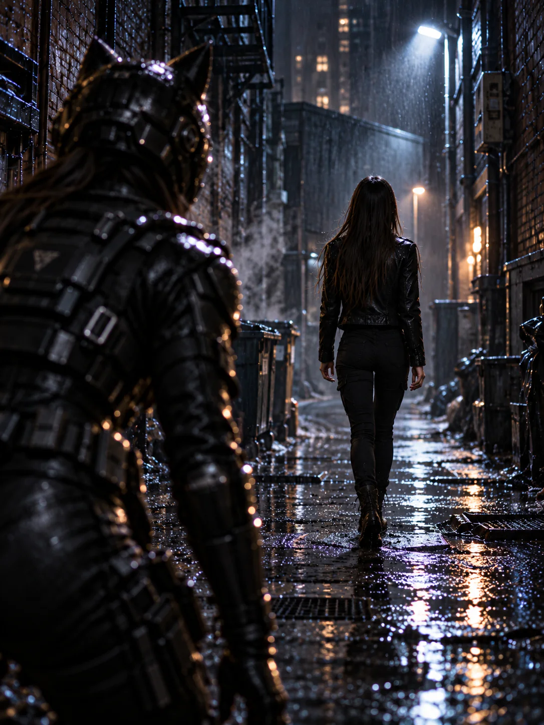Sayaka walks away through a wet back alley while a C.A.A.T. operative watches from behind.