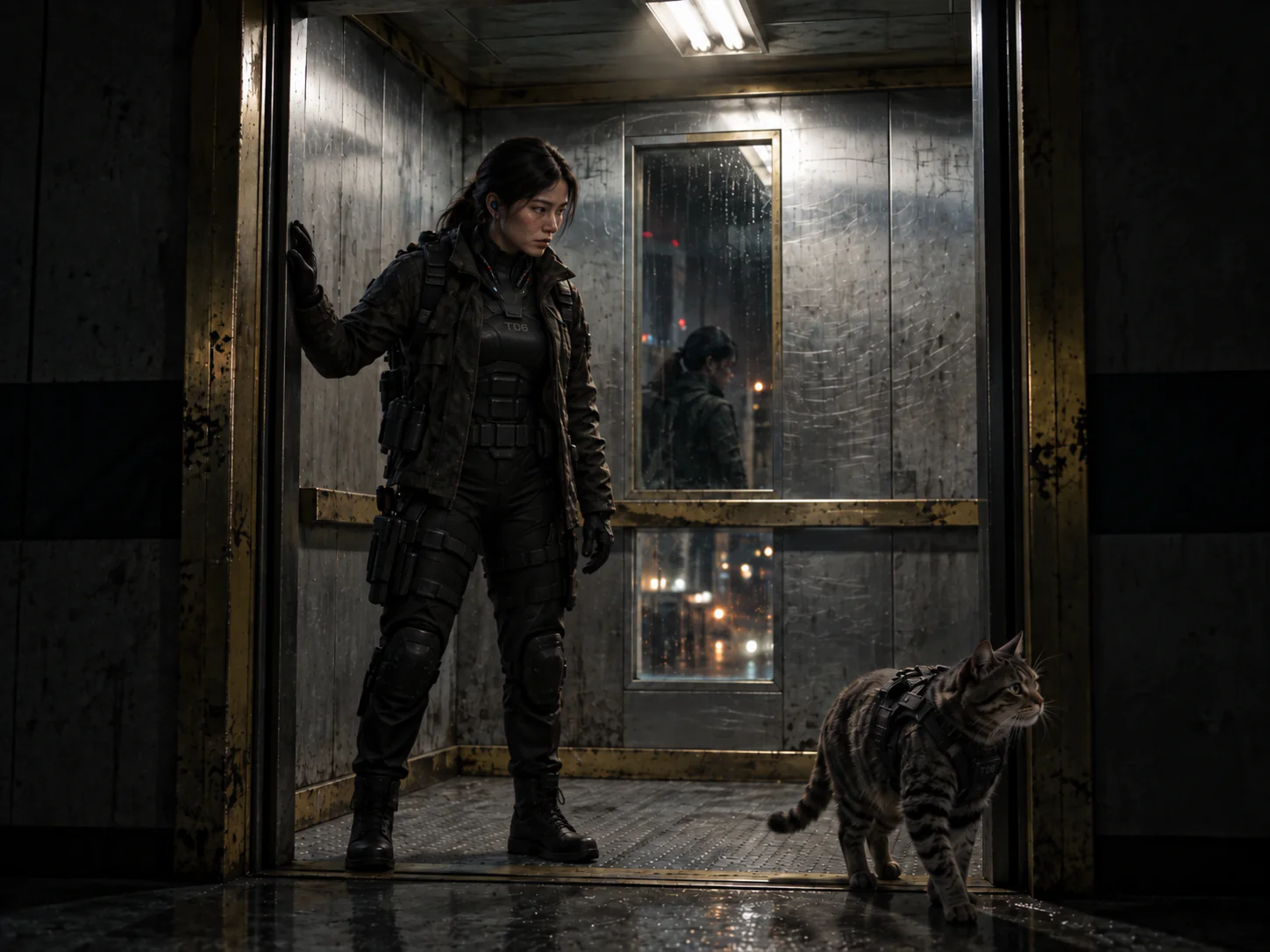 Tanya and K’hraal pause at the threshold — one second of stillness before the corridor gives up its secrets. Tanya D’Gaul stands inside a dim, weathered elevator, tense and alert, looking out into a dark corridor while K’hraal steps ahead into the hallway. Rain-streaked light glows through a narrow rear window behind her, adding to the suspenseful, covert mood.