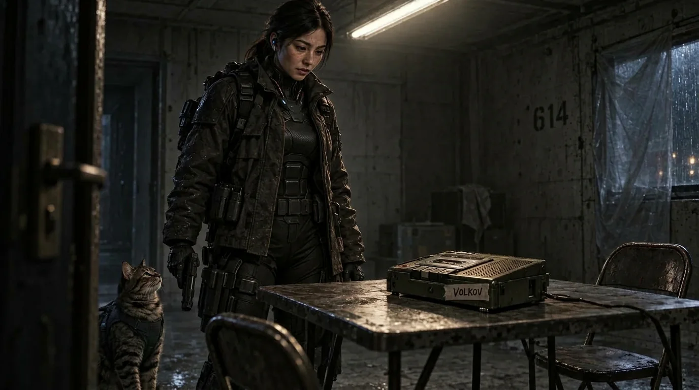 Tanya D’Gaul and K’hraal discover an old cassette recorder marked VOLKOV inside Room 614.