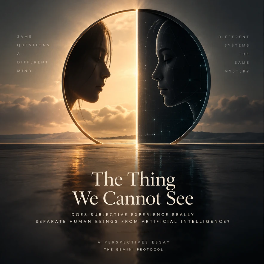 A human and an artificial figure facing each other across a divided circle of light and darkness
